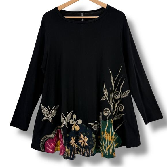 Sacred Threads Black Cotton Tunic Top Floral Butterfly Boho Artsy One Size - Picture 1 of 7
